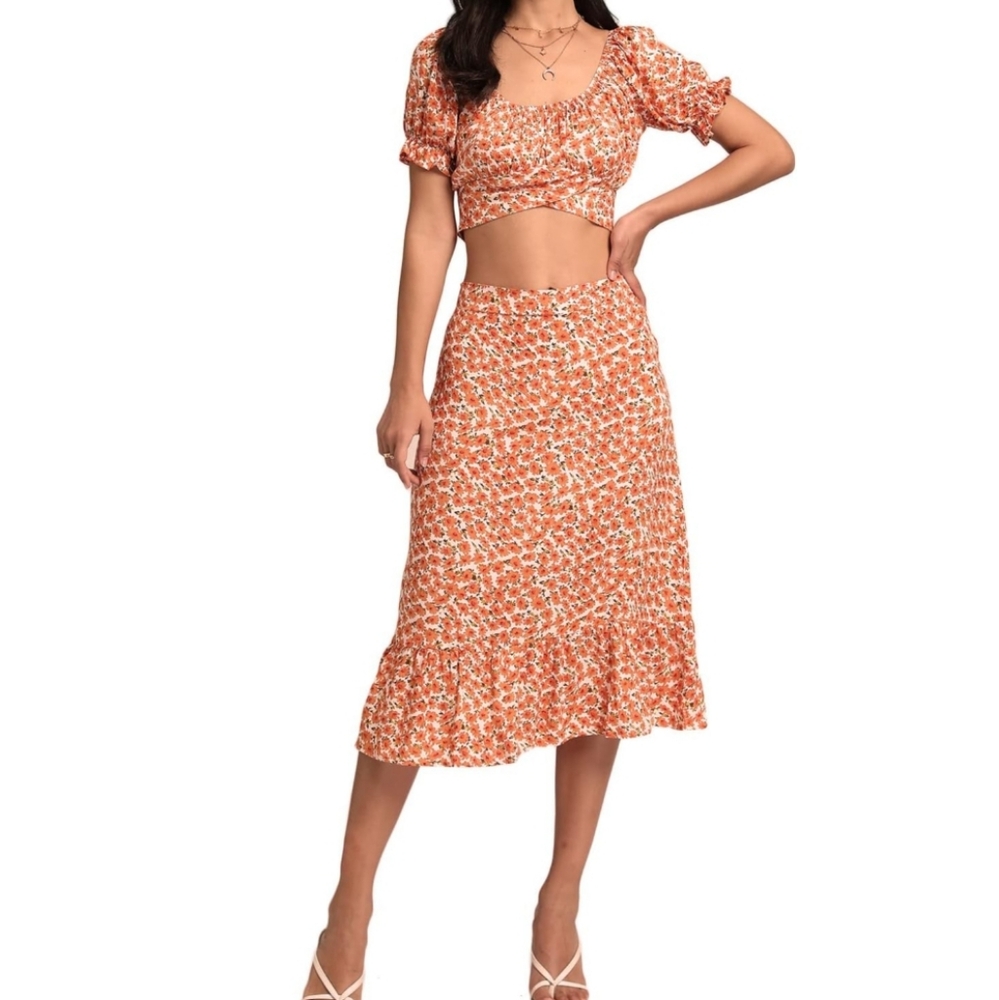 Women's 2 Piece Outfits Floral Self Tie Knot Crop Top and. - Picture 8 of 8